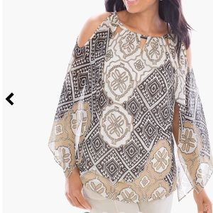 CHICOS ECLECTIC MEDALLIONS COLD-SHOULDER TUNIC TOP